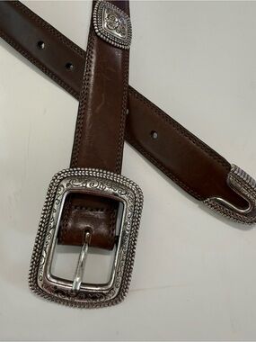 Brown Leather Belt with Ornate Silver Buckle